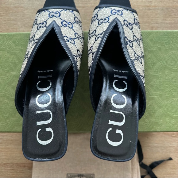 GUCCI Canvas Crystal GG Monogram Square G 95mm Slide Sandals 39.5 Beige Blue - Picture 4 of 8